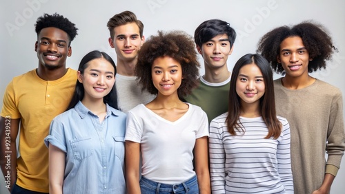 A diverse group of six young adults with neutral expressions pose in a row, showcasing different ethnicities and hairstyles against a plain white background.
