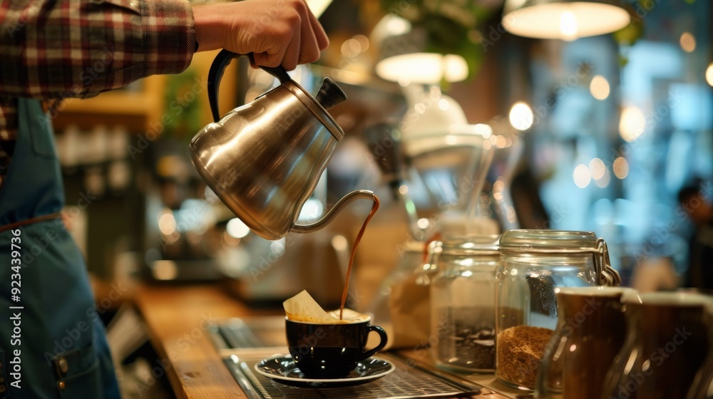 A barista pours freshly brewed coffee from a gooseneck kettle into a cup in a warm cafe ambiance, demonstrating expertise and dedication to coffee making on a wooden counter. A barista pours freshly brewed coffee from a gooseneck kettle into a cup in a warm cafe ambiance, demonstrating expertise and dedication to coffee making on a wooden counter.