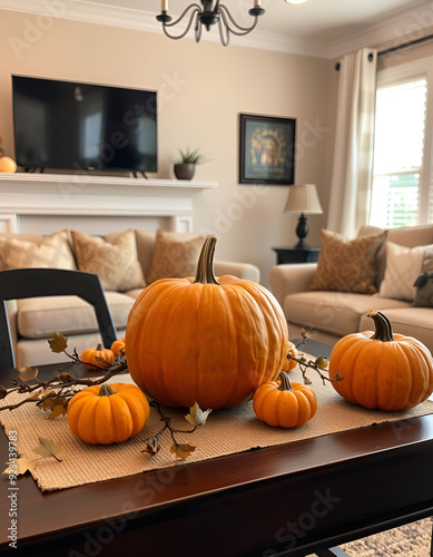 a cozy autumn living room with a wooden table in the foreground featuring , pumpkins, candles, and fall foliage, illumimlnated by sofa sunlight with background plaid curtains , halloween