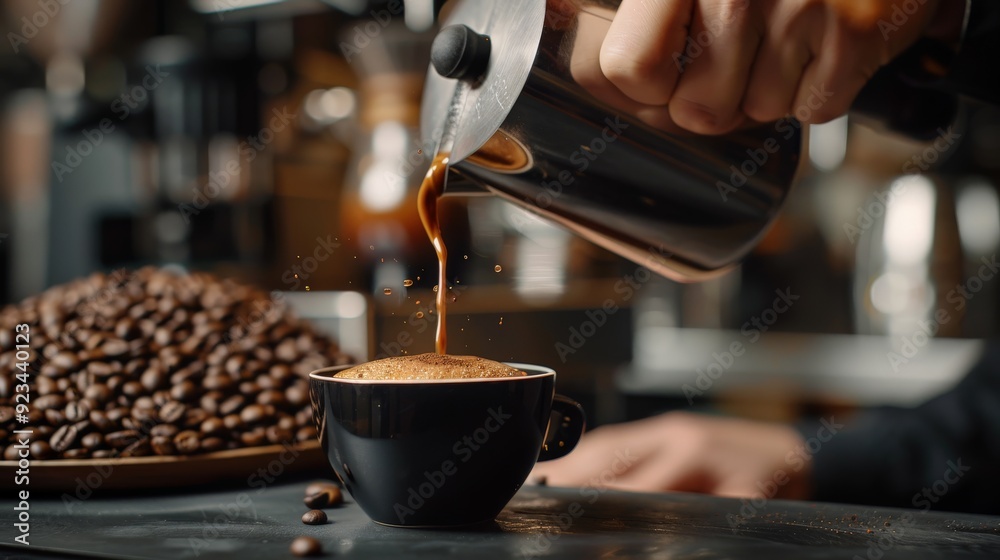 A barista pours fresh coffee from a stainless steel pot into a black cup amidst a heap of coffee beans, showcasing the perfect start to any day in a modern café. A barista pours fresh coffee from a stainless steel pot into a black cup amidst a heap of coffee beans, showcasing the perfect start to any day in a modern café.
