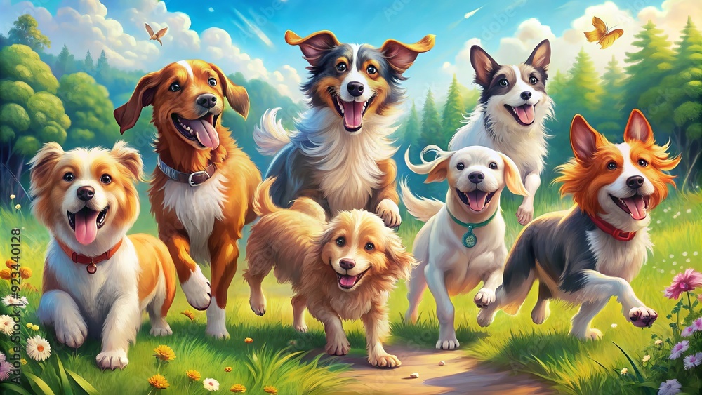 Obraz premium Adorable colorful illustration of diverse breeds of happy dogs playing, running, and cuddling, showcasing their unique personalities and characteristics in a whimsical setting.