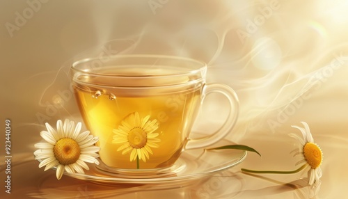 A steaming cup of herbal tea with chamomile flowers placed beside it