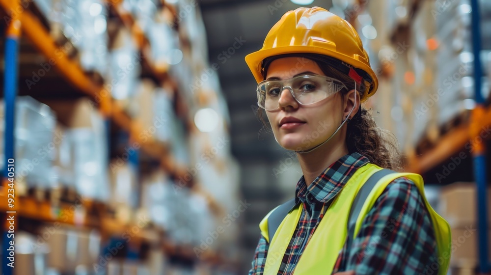 A female worker in a yellow safety hard hat and vest stands confidently in a warehouse corridor, representing diligence, efficiency, and attention to detail in an organized setting. A female worker in a yellow safety hard hat and vest stands confidently in a warehouse corridor, representing diligence, efficiency, and attention to detail in an organized setting.