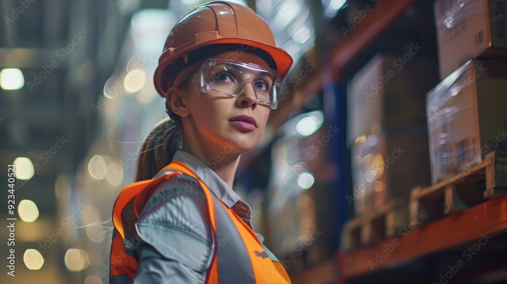 A woman in an orange safety vest and hard hat, with safety glasses and plaid shirt, portraying confidence and decisiveness in an aisle of a busy warehouse. A woman in an orange safety vest and hard hat, with safety glasses and plaid shirt, portraying confidence and decisiveness in an aisle of a busy warehouse.