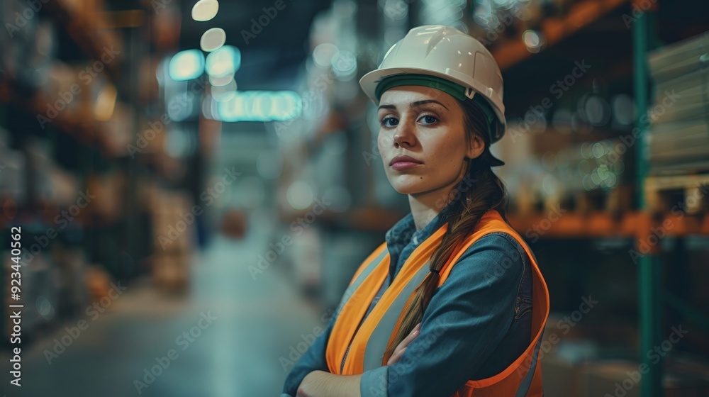 A serious female worker displaying readiness and determination in a well-organized warehouse. Wearing a hard hat, safety vest, and plaid shirt, she stands by shelves of inventory. A serious female worker displaying readiness and determination in a well-organized warehouse. Wearing a hard hat, safety vest, and plaid shirt, she stands by shelves of inventory.