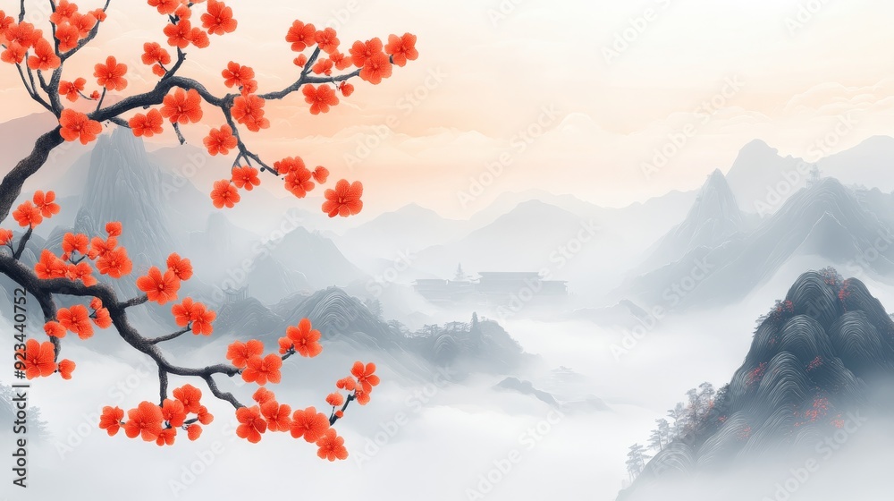 A serene landscape featuring misty mountains and a branch of vibrant orange flowers, evoking tranquility and natural beauty. A serene landscape featuring misty mountains and a branch of vibrant orange flowers, evoking tranquility and natural beauty.