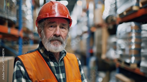 An elderly man with a beard wearing a red hard hat and an orange safety vest stands in a warehouse packed with various items on shelves in the background.