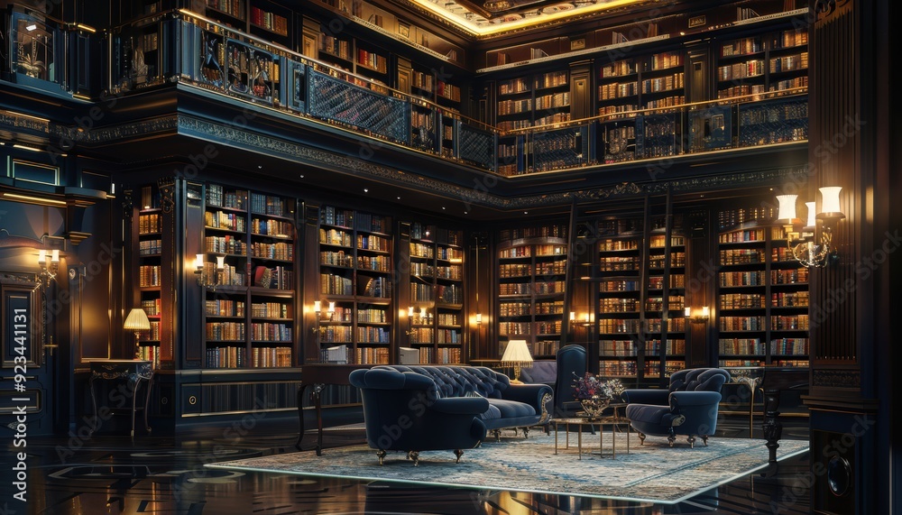 Elegant library interior with bookshelves and cozy seating in a dimly lit atmosphere Elegant library interior with bookshelves and cozy seating in a dimly lit atmosphere