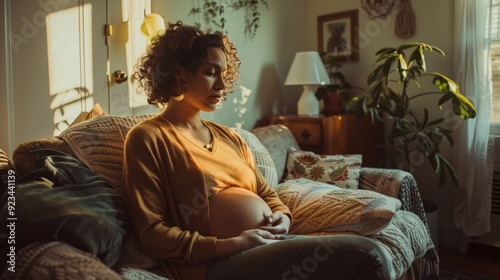 A pregnant woman sitting on a couch in a cozy, warmly lit living room, embracing her belly, surrounded by pillows and plants, creating a comforting atmosphere.