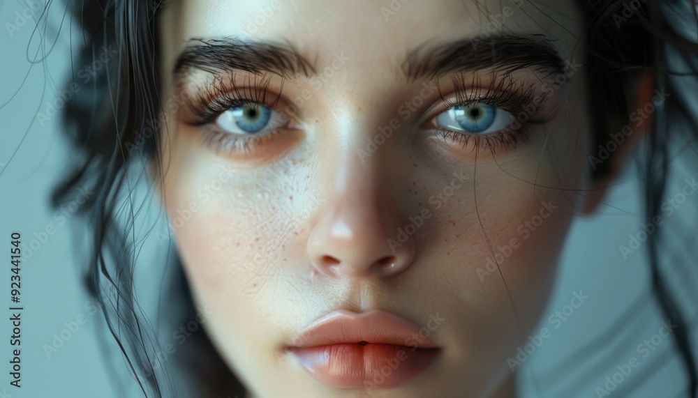 Young woman with striking blue eyes and natural makeup on a soft background Young woman with striking blue eyes and natural makeup on a soft background