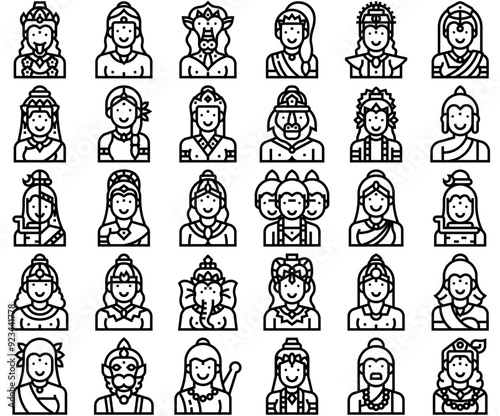 A Collection Of Hindu God Line Vector Symbols Apps, Websites Ui Designs Suitable For Goddess,Avatar,God,Hindu,India Stroke Icon Collection. Vector Illustration