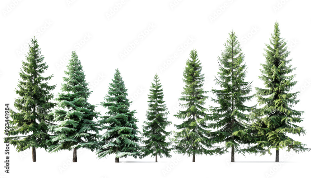Row of tall evergreen trees on transparent background