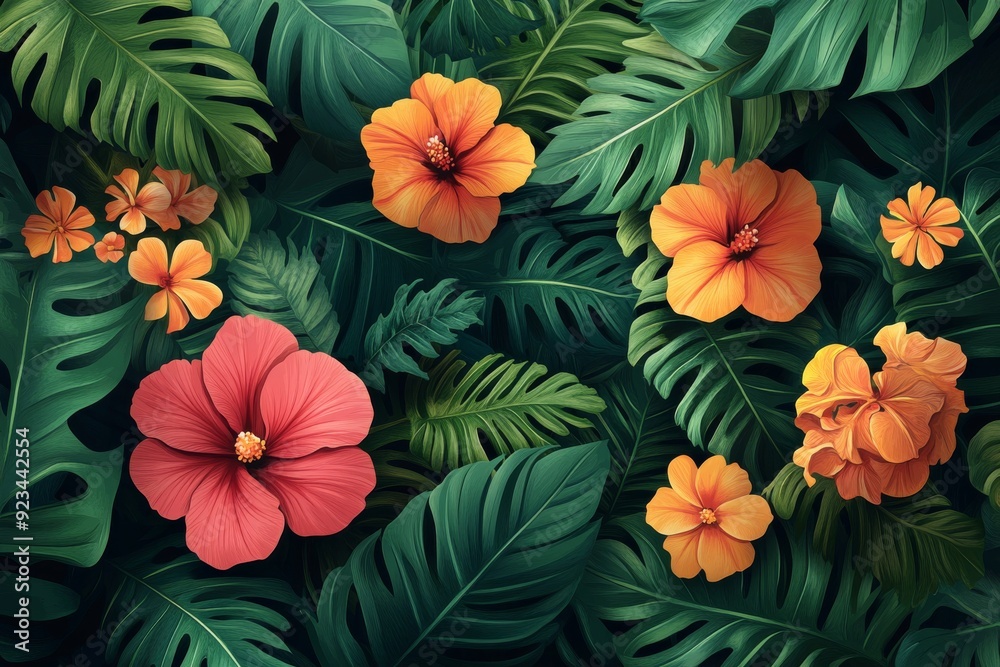 A background with tropical leaves and exotic flowers. Generative AI A background with tropical leaves and exotic flowers. Generative AI