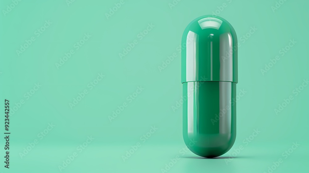 Bright green capsule standing upright on a soft pastel background, representing healthcare and pharmaceuticals. Bright green capsule standing upright on a soft pastel background, representing healthcare and pharmaceuticals.