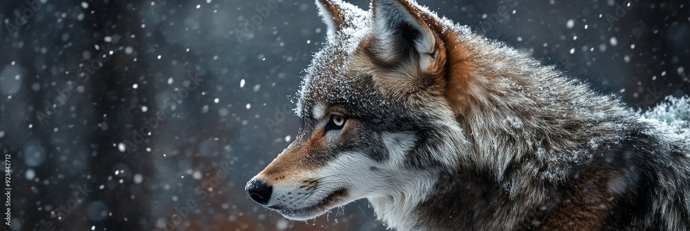 Fototapeta premium A lone wolf stands in a snowy forest, gazing into the distance. The image symbolizes resilience, strength, solitude, and the beauty of nature.