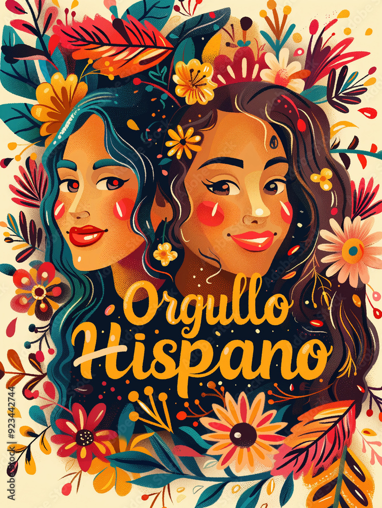 Naklejka premium Bold and vibrant illustration with Orgullo Hispano text and floral elements, Hispanic pride