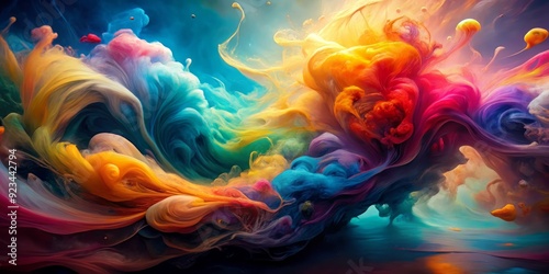 Vibrant abstract watercolor background featuring swirling pools of colorful ink in water, creating a mesmerizing, dreamy, and ethereal atmosphere perfect for design elements.