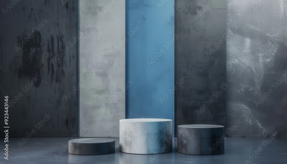 Modern minimalist display with cylindrical bases in a contemporary gray and blue interior Modern minimalist display with cylindrical bases in a contemporary gray and blue interior