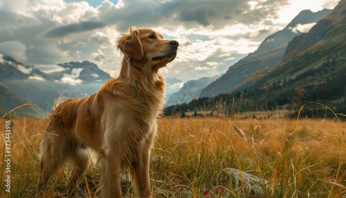 Golden retriever standing in a grassy field with mountains and cloudy sky in the background