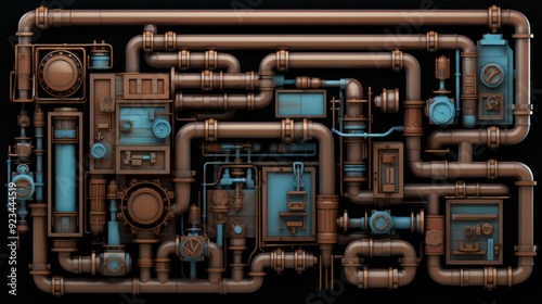 Vintage wall texture background with plastic pipes for design and steampunk creativity. Neural network ai generated art