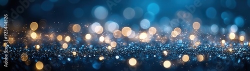 Shimmering silver bokeh lights on a dark blue background, refined celebration atmosphere