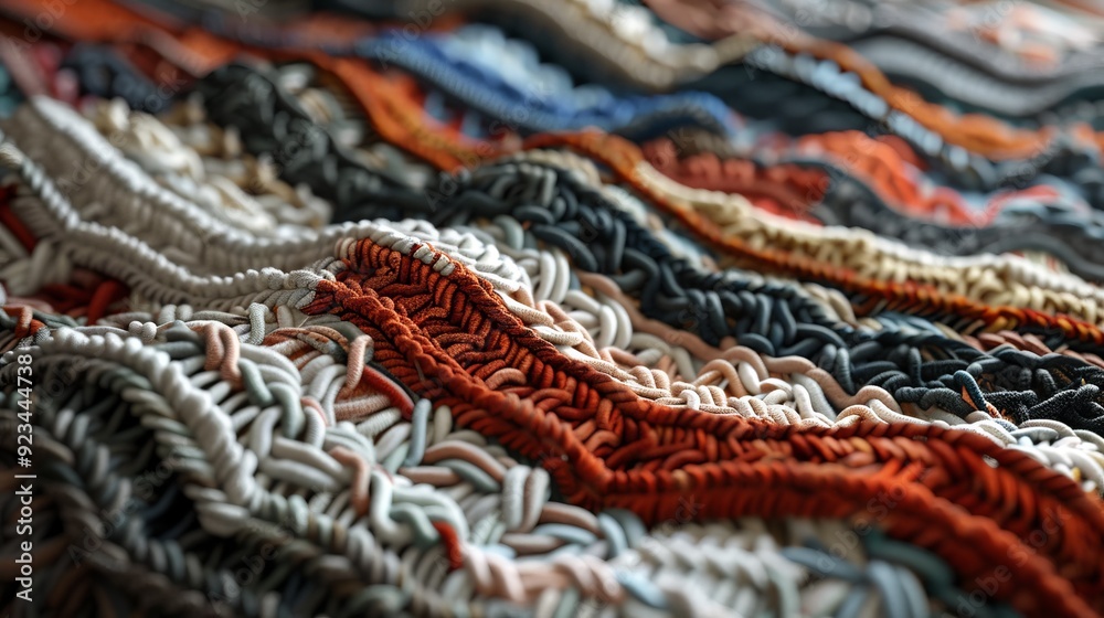 Detailed view of a complex knitting pattern with different yarn textures, reflecting advanced techniques and design