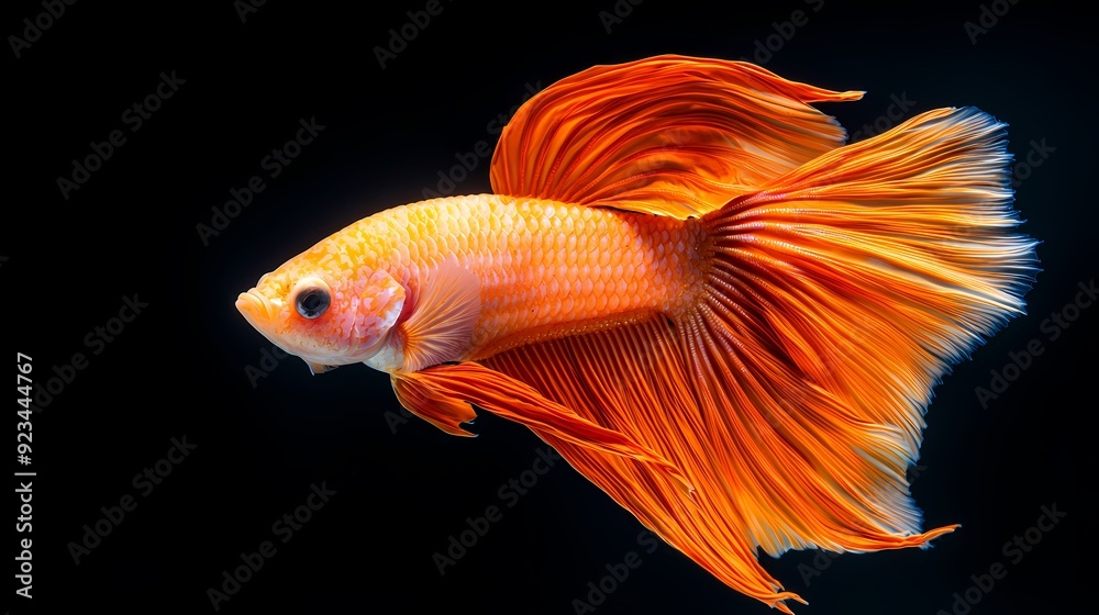 Vibrant orange betta fish swimming gracefully, showcasing its stunning fins against a dark backdrop. Vibrant orange betta fish swimming gracefully, showcasing its stunning fins against a dark backdrop.