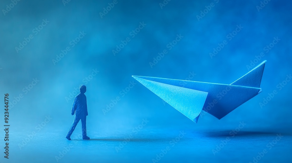 A miniature man stands on a blue surface, gazing up at a paper airplane soaring through the air. This image symbolizes the pursuit of dreams, achieving goals, and embracing innovation. A miniature man stands on a blue surface, gazing up at a paper airplane soaring through the air. This image symbolizes the pursuit of dreams, achieving goals, and embracing innovation.