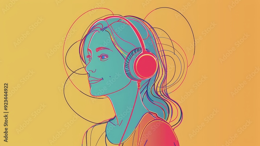 A minimalist line art illustration of a woman listening to music with headphones. The image symbolizes relaxation, enjoyment, music, technology, and youth. A minimalist line art illustration of a woman listening to music with headphones. The image symbolizes relaxation, enjoyment, music, technology, and youth.