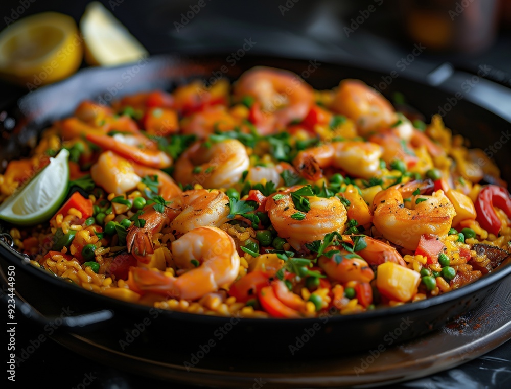 Exquisite Spanish paella filled with shrimp and mussels on a dark marble background Exquisite Spanish paella filled with shrimp and mussels on a dark marble background