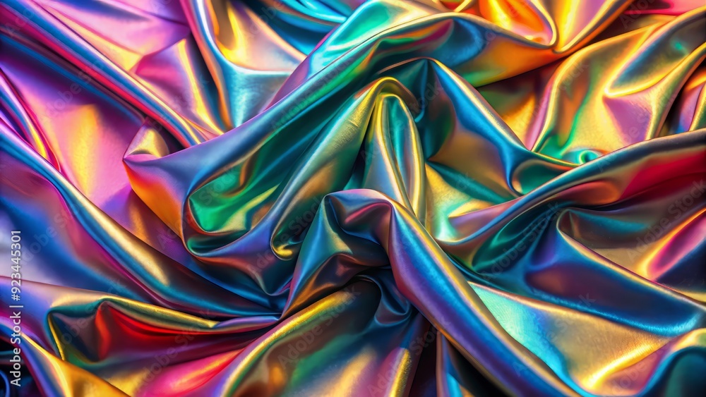 Vibrant iridescent chrome wavy gradient cloth fabric abstract close-up featuring colorful color-changing rainbow texture with mesmerizing shimmering effects and shifting hues.