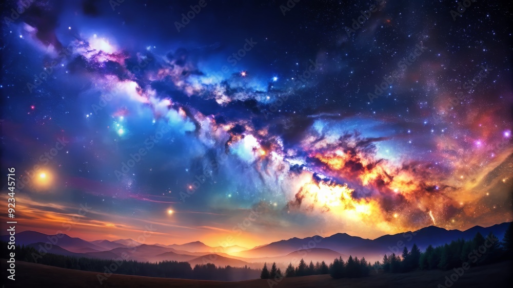 Obraz premium Vibrant celestial gradients of midnight blue seamlessly transition to cosmic violet, capturing the mystique of a starry night sky in a breathtaking stellar panorama.