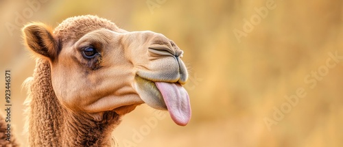 Fototapeta Naklejka Na Ścianę i Meble -  Funny animal wildlife photography - Close up portrait of funny camel drommedary with tongue stuck out in the desert