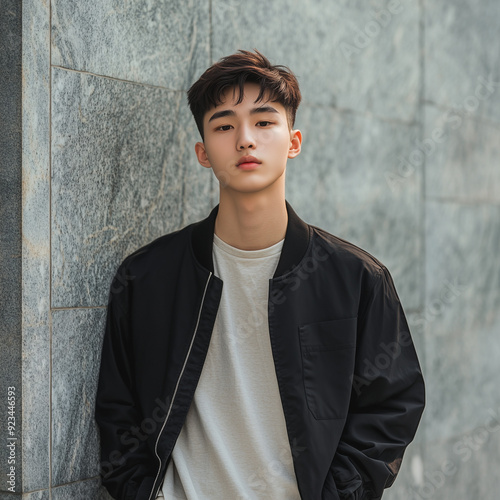 Fashion portrait of asian young Man,model,clothes,black jacket,white t-shirt.Young male model,fashion lifestyle in trendy clothes,street urban style,isolated on gray background