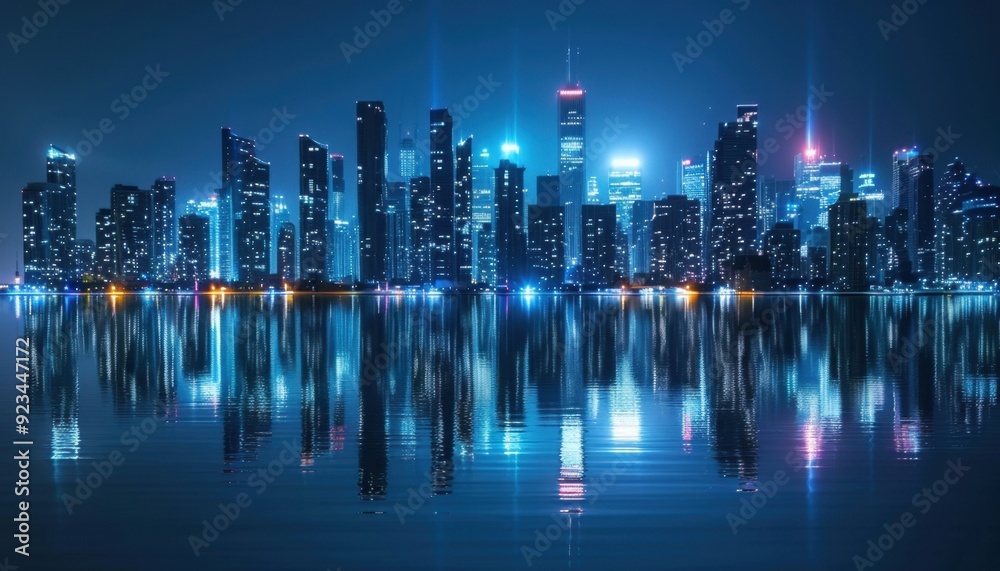 Night skyline of a modern city reflecting on calm water with illuminated buildings Night skyline of a modern city reflecting on calm water with illuminated buildings