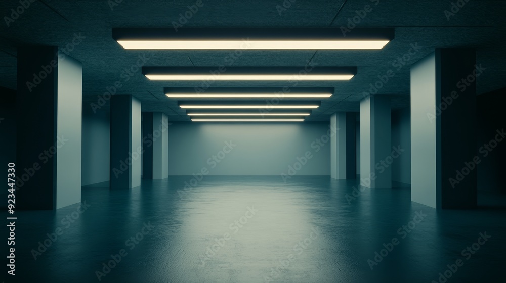 Fototapeta premium A spacious, dimly lit interior with fluorescent lights, creating a modern, industrial atmosphere.