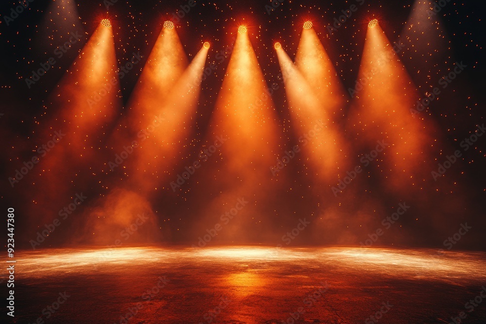 Obraz premium Empty stage with red yellow spotlights, ,Free stage with lights and smoke, conser, show, party, Presentation concept. red yellow spotlight strike on black background 