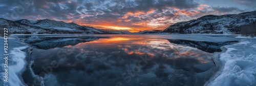 A picturesque winter scene of a frozen lake reflecting a stunning sunset, with snow-capped mountains in the background, symbolizing tranquility, beauty, winter, nature, and reflection.