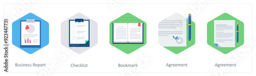 A set of 5 business icons as business report, checklist, bookmark