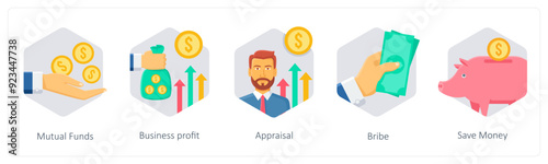 A set of 5 business icons as mutual funds, business profit, appraisal