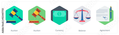 A set of 5 business icons as auction, currency, balance