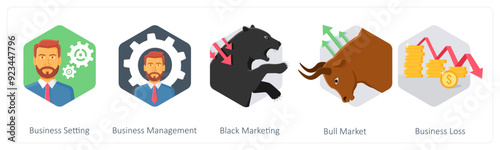 A set of 5 business icons as business setting, business management, black marketing