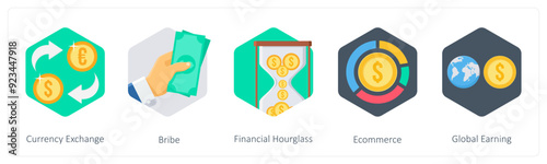 A set of 5 business icons as currency exchange, bribe, financial hourglass