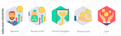 A set of 5 business icons as appraisal, business profit, financial hourglass,