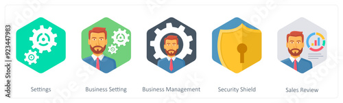 A set of 5 business icons as settings, business setting, business management