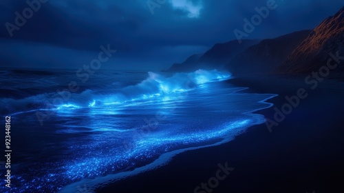 Bioluminescent Waves Crashing on a Black Sand Beach at Night.