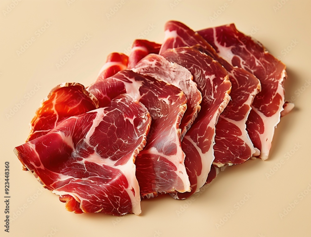 Iberian Ham Slices, Beige Background, Premium Gourmet Sunlit Still Life Iberian Ham Slices, Beige Background, Premium Gourmet Sunlit Still Life