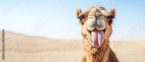 Funny animal wildlife photography - Close up portrait of funny camel drommedary with tongue stuck out in the desert photo