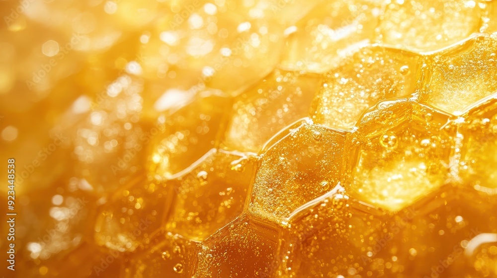 Close-Up of Golden Honeycomb with Shimmering Honey in Natural Light Close-Up of Golden Honeycomb with Shimmering Honey in Natural Light