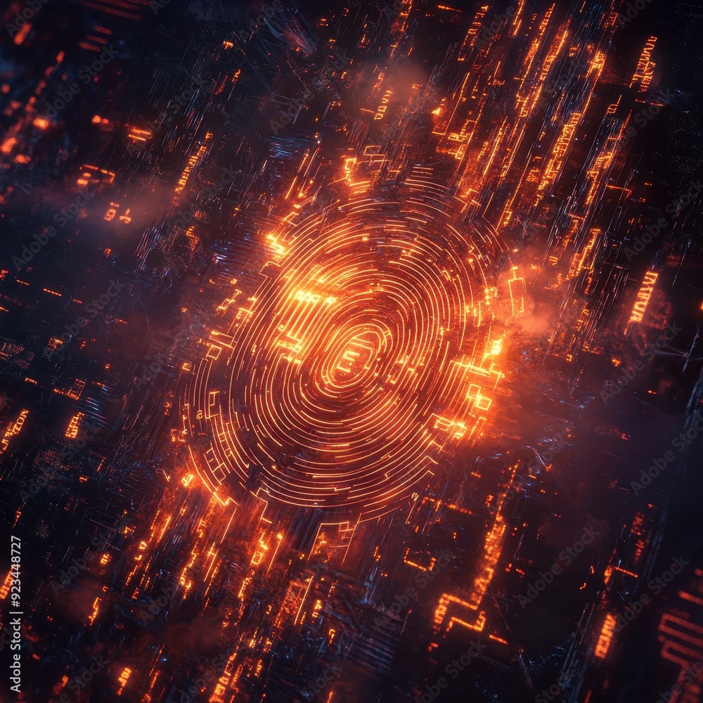 Obraz premium Abstract Fingerprint Pattern in Glowing Orange Lines on a Dark Digital Background - Futuristic Cyber Security Concept.
